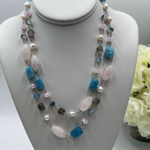 Handmade Sterling 925 Pink Blue Quartz Freshwater Pearl Double Strand Necklace - Picture 3 of 13